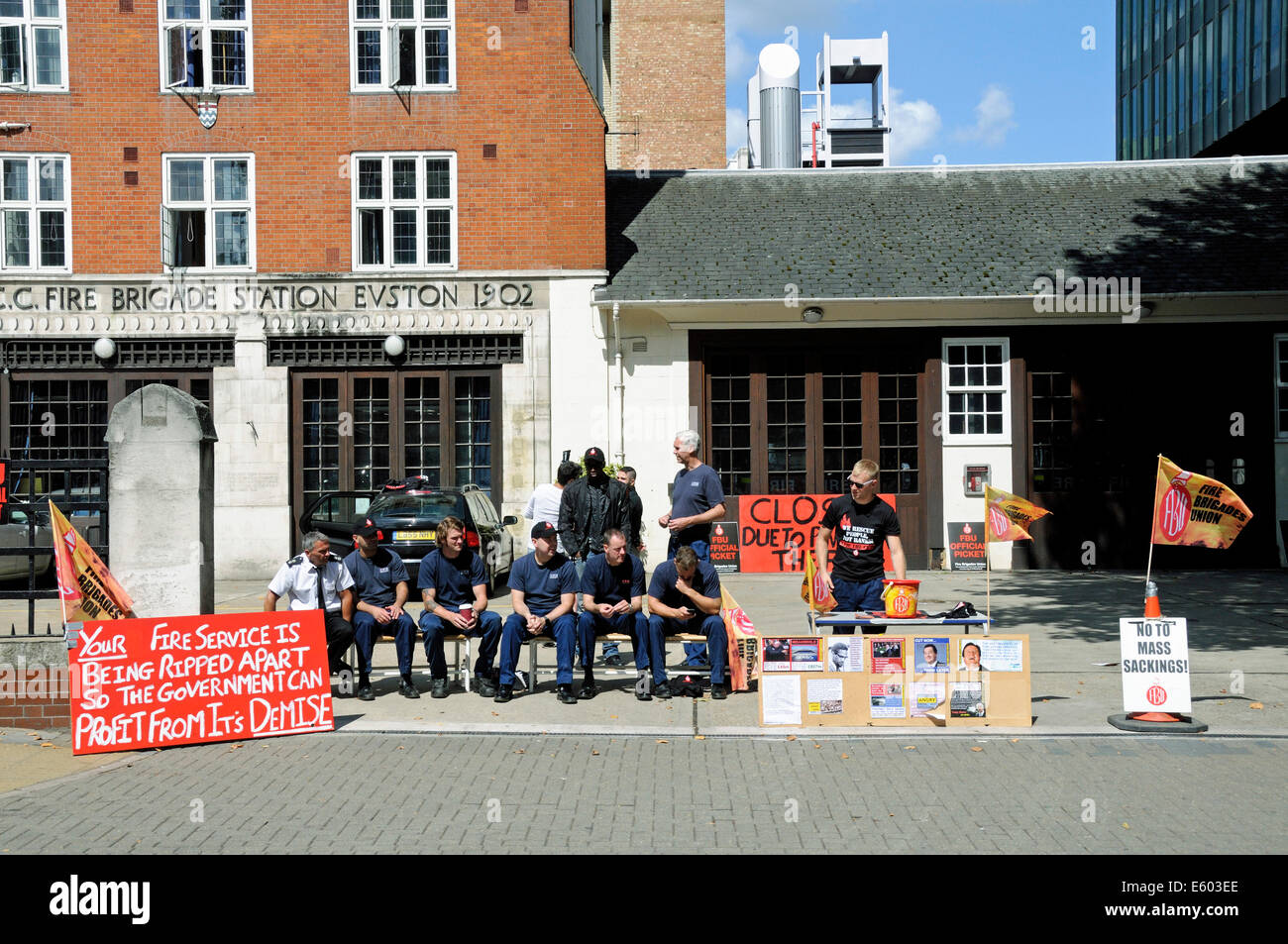 Striking firefighters on picket line outside fire station Euston Road Central London, England Britain UK Saturday 9th August 2014 Stock Photo