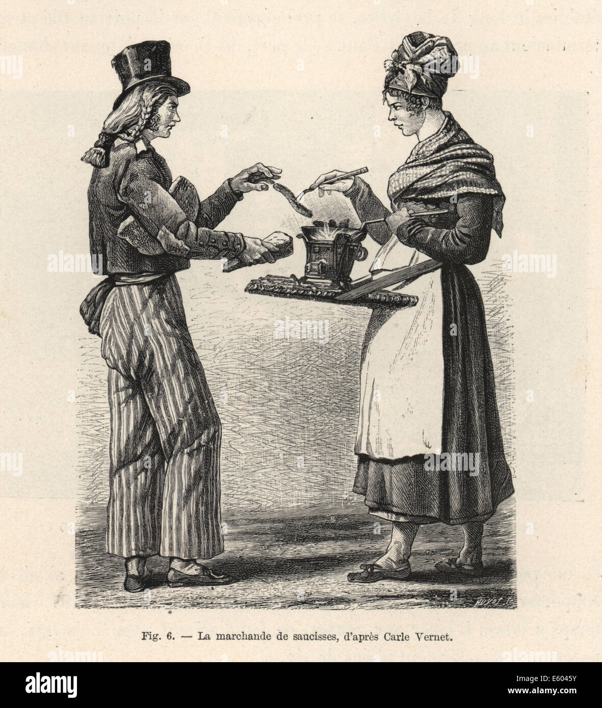 Itinerant sausage seller, circa 1800. Stock Photo