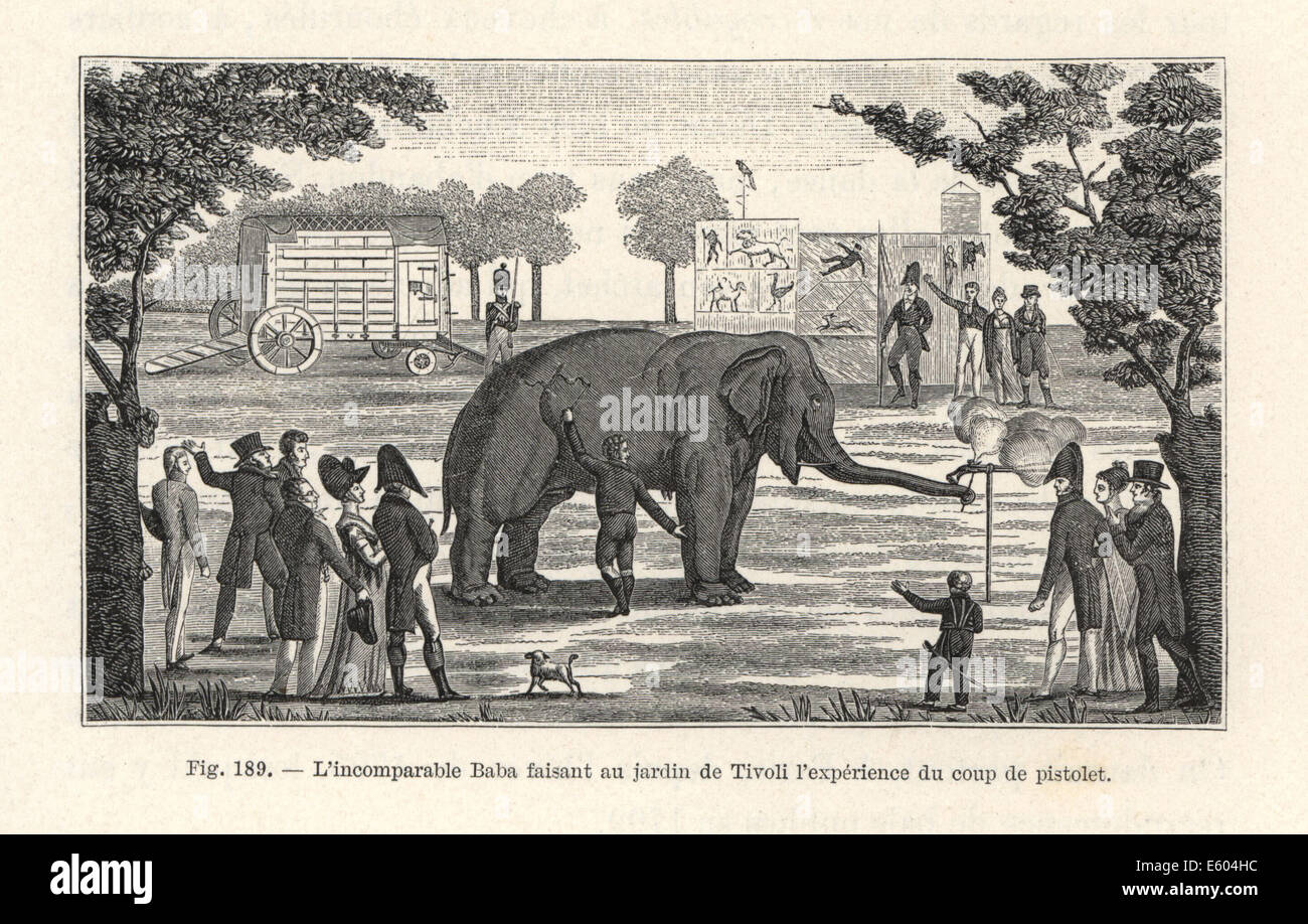Baba the elephant firing a pistol in Tivoli gardens, Paris, 1800. Stock Photo