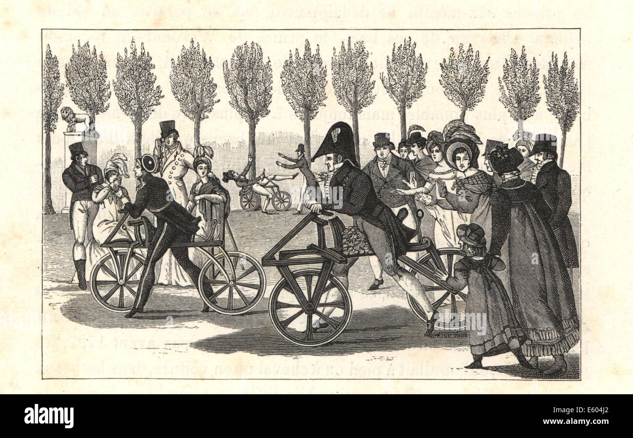 Velocipede or hobby-horse riders, Paris, circa 1810. Stock Photo