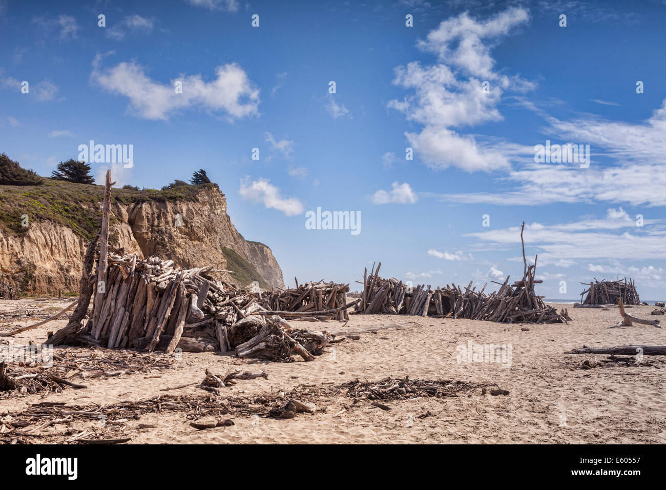 San Gregorio State Beach, San Mateo County, Calfornia, with driftwood structures. Stock Photo