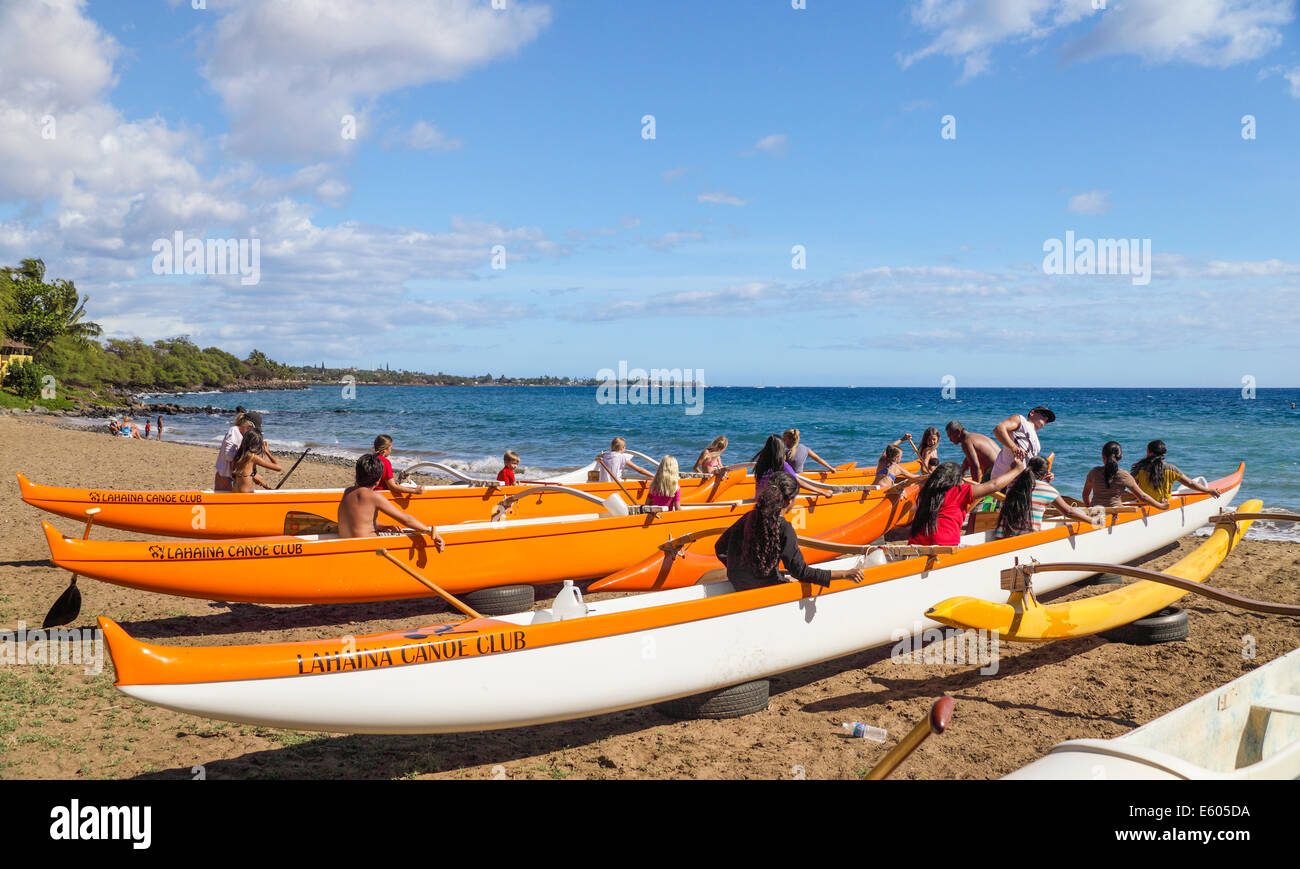Outrigger canoe club members during practice at Hanakaoo Beach Park