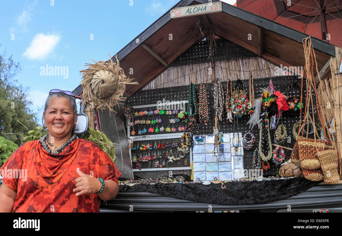 Vendor selling souvenirs from custom display mounted on back of a truck  at parking lot above  Hookipa Beach on Maui Stock Photo
