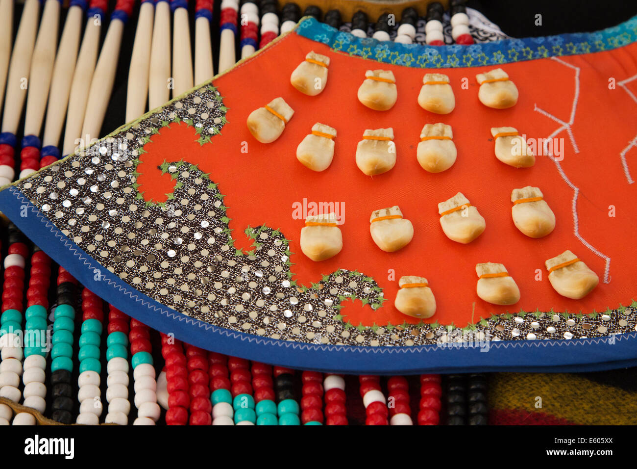 Elk teeth decoration on First Nations cape displayed on Canada Day Stock Photo