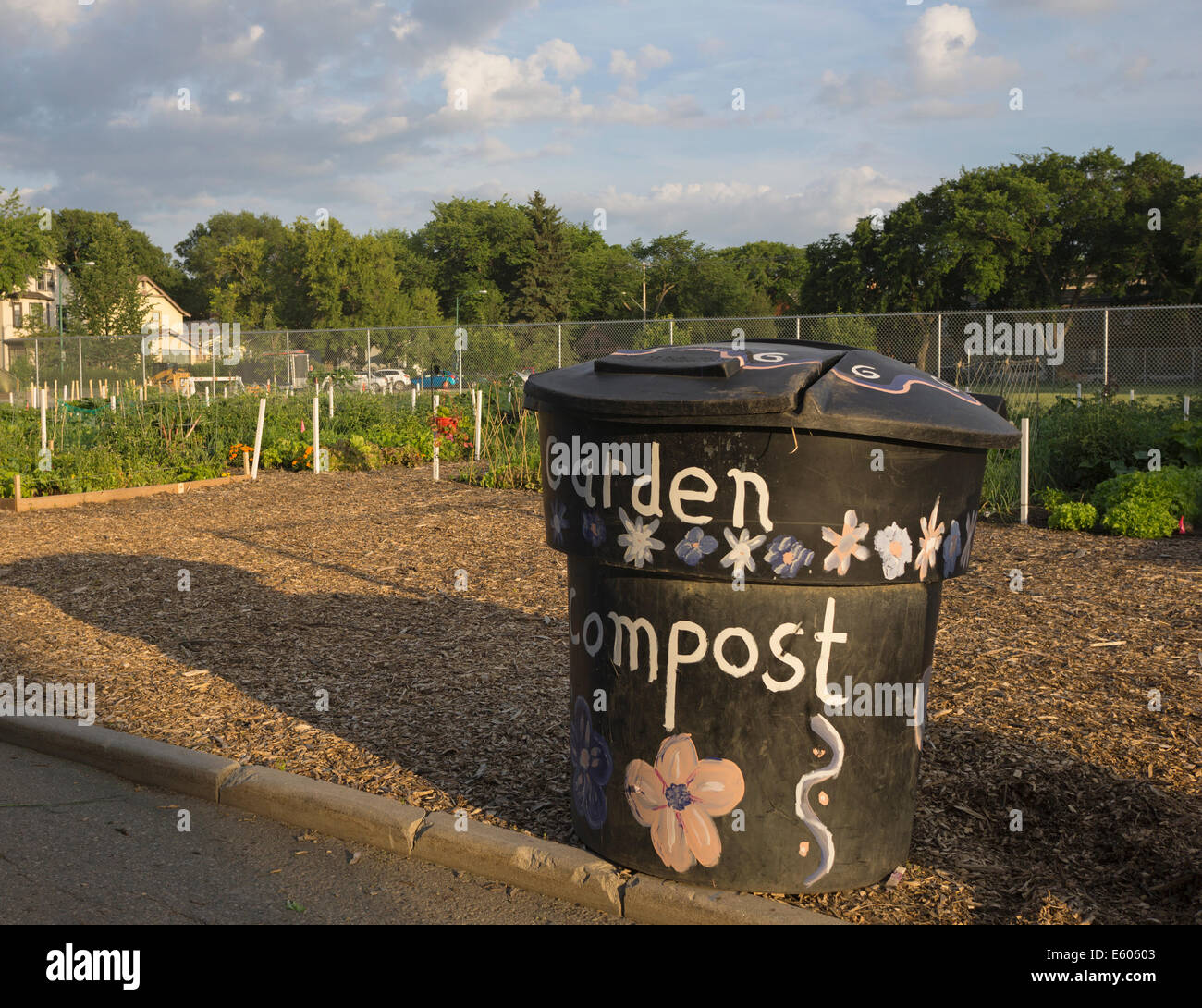 Garden compost bin in an urban community garden plot, Saskatoon, Saskatchewan, Canada Stock Photo