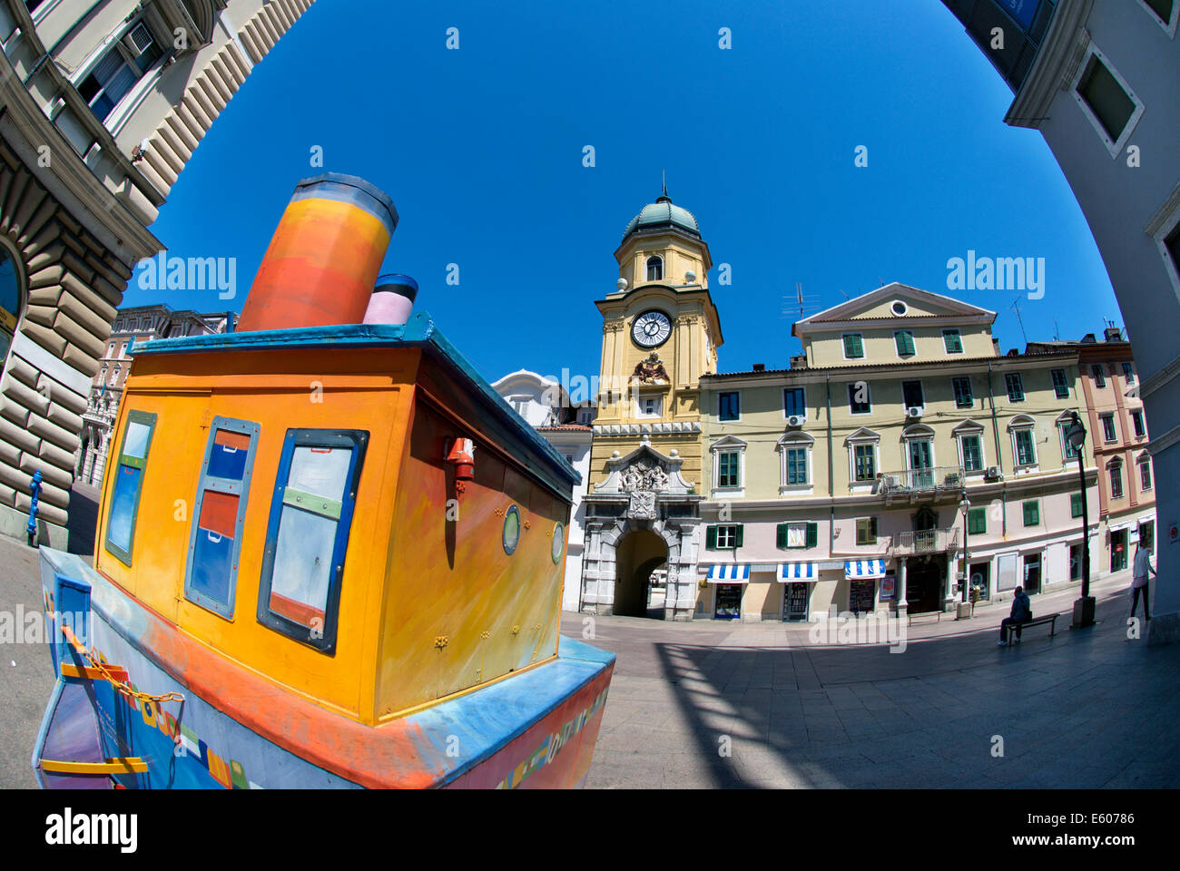 Historic City Tower - Clock in Rijeka down town Stock Photo