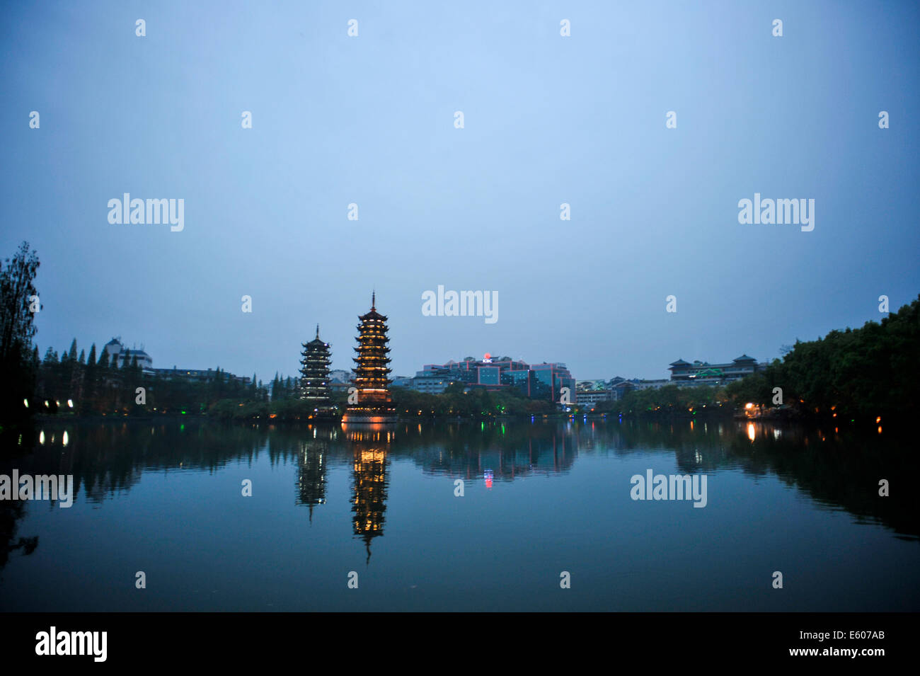 Sun and Moon Padogas in Guilin at twilight, Guilin, Guanxi, China Stock Photo