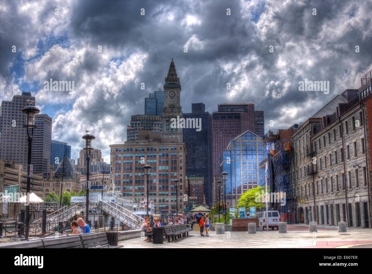 This is a picture of the city scape of Boston from the Aquarium waterfront. It is HDR photography. Stock Photo