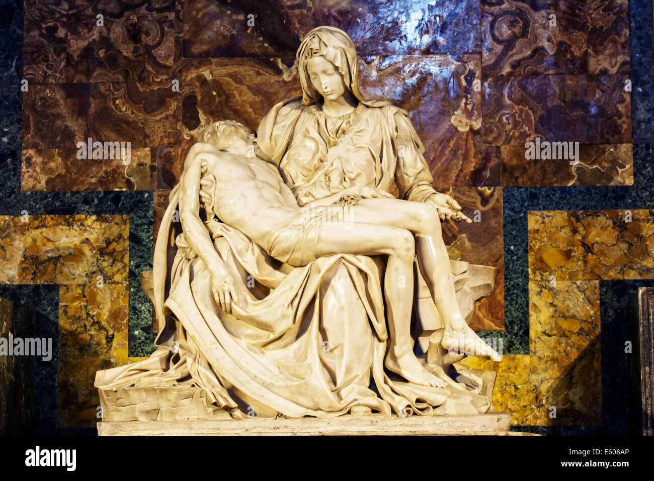 La Pietà (The Pity), statue made by Michelangelo, inside Saint Peter Basilica, Vatican City, Rome, Italy. Stock Photo