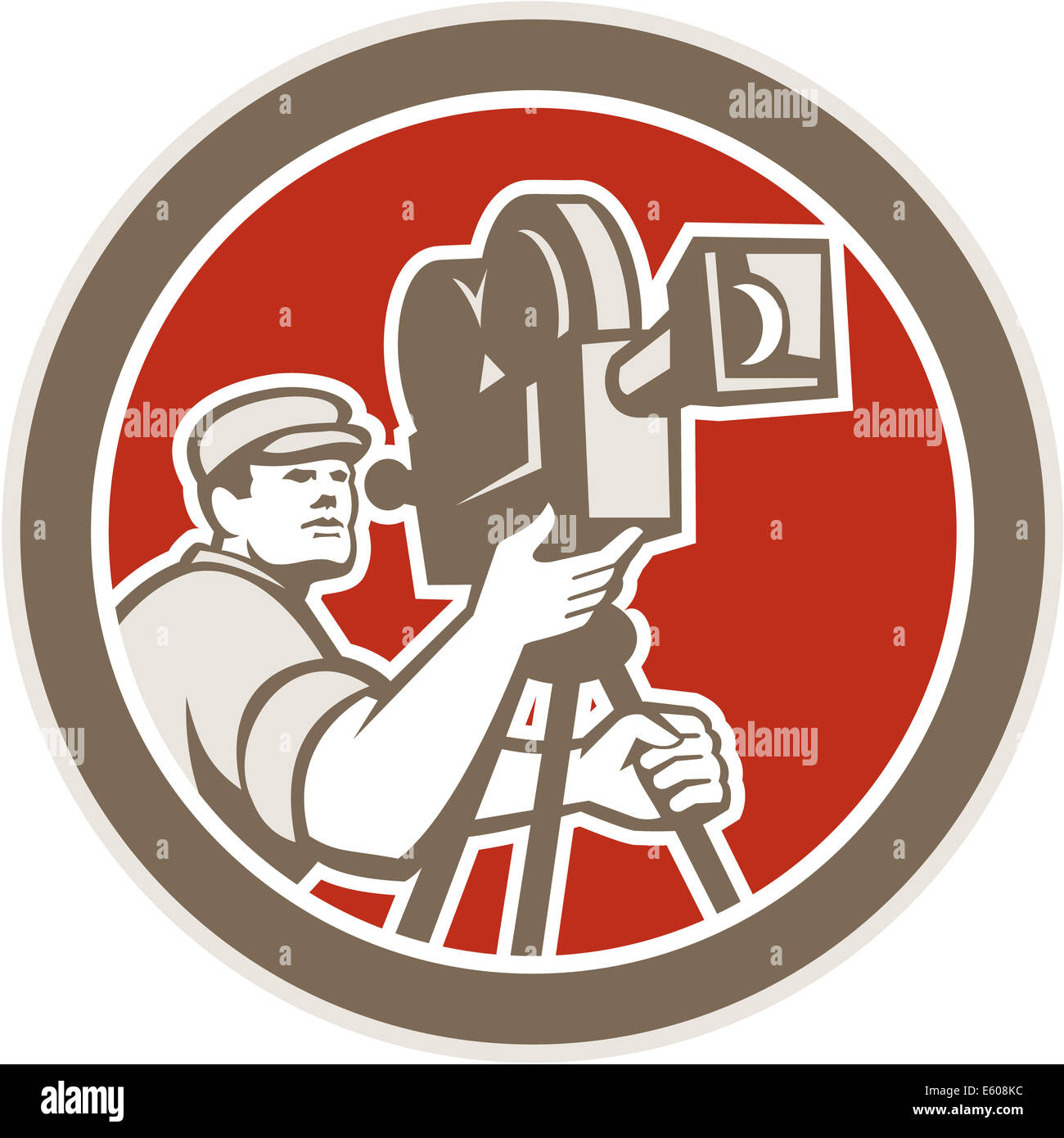 Illustration of a cameraman movie director with vintage movie film camera set inside circle on isolated background done in retro style. Stock Photo