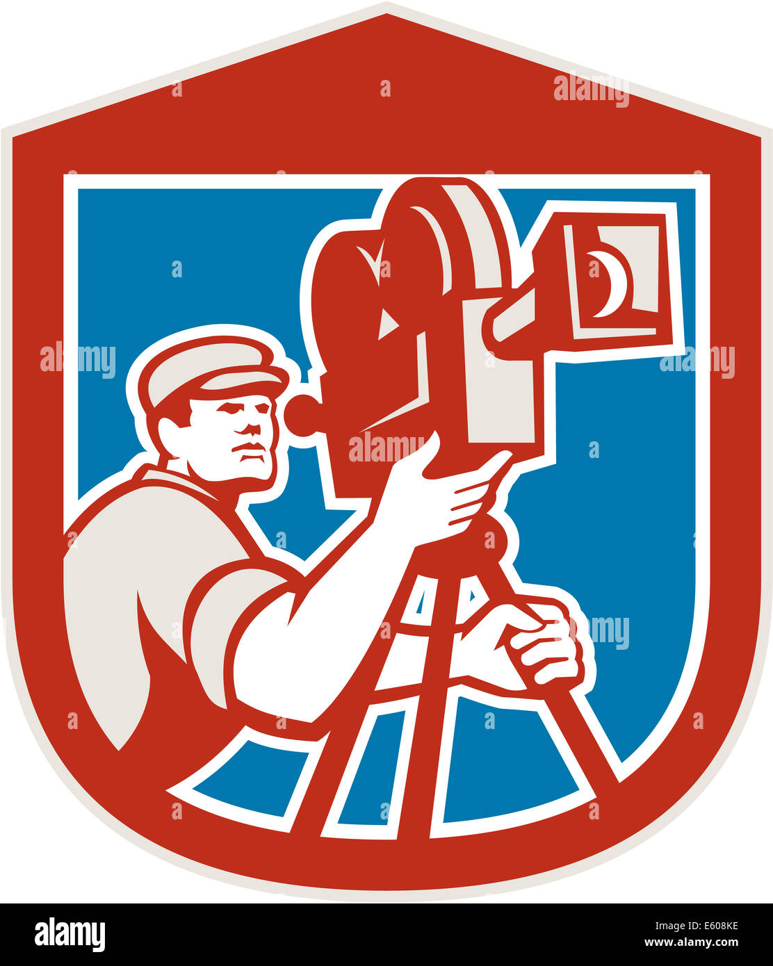 Illustration of a cameraman movie director with vintage movie film camera set inside shield crest on isolated background done in retro style. Stock Photo