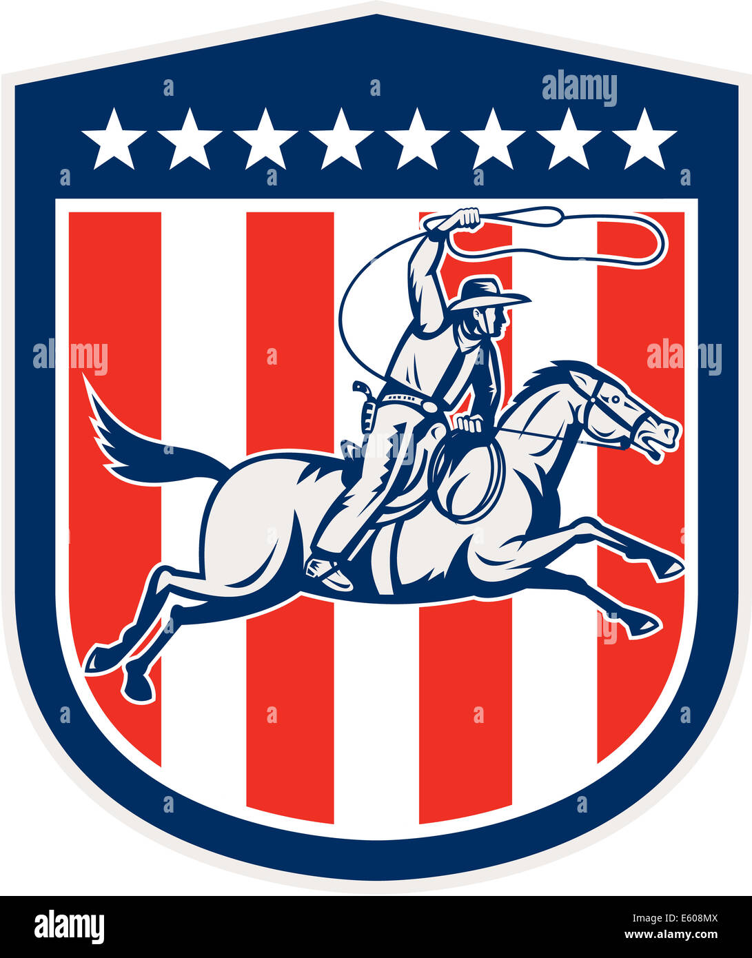 Illustration of an american rodeo cowboy riding horse with lasso rope set inside shield crest with stars and stripes done in retro style. Stock Photo