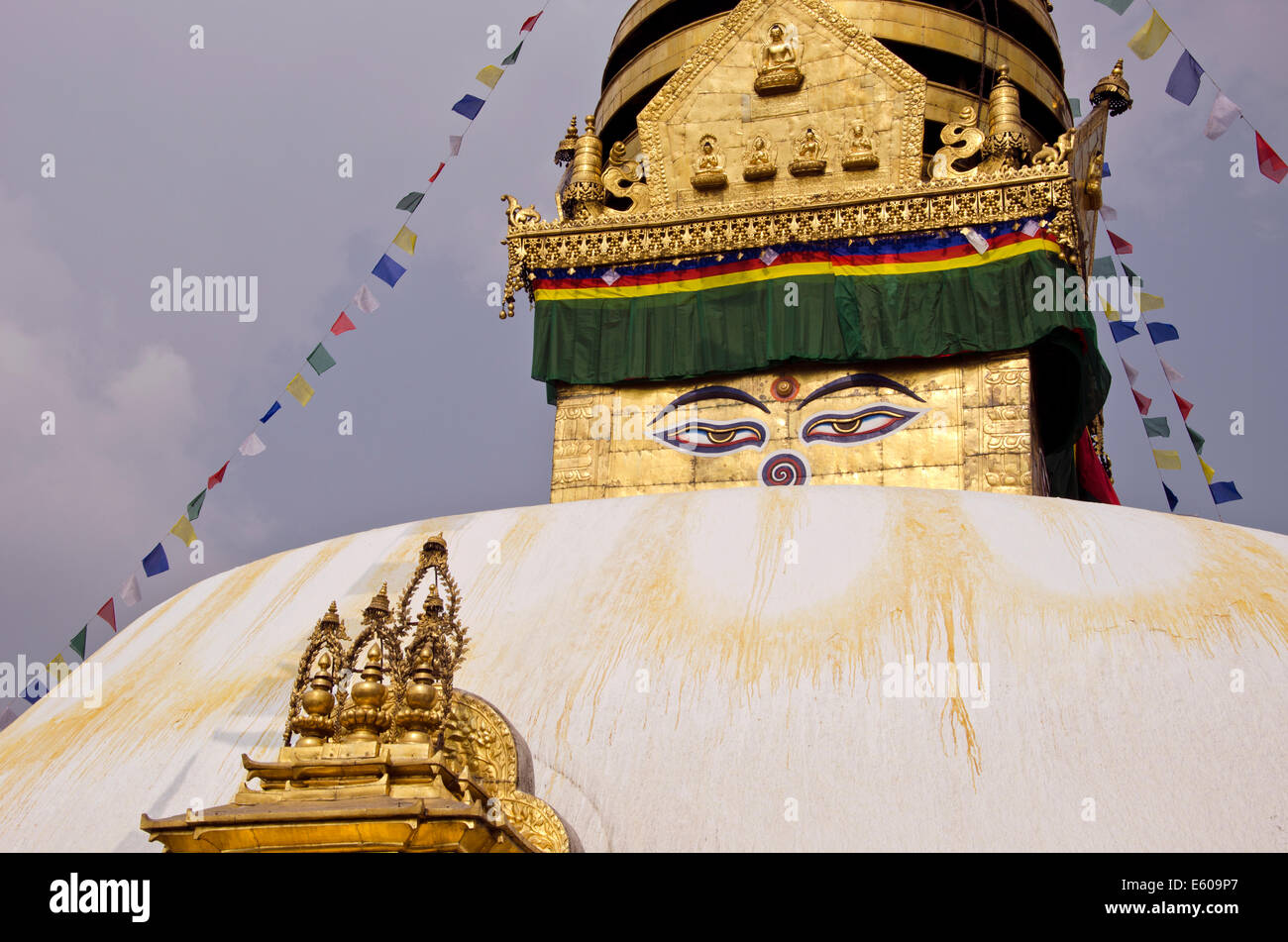 Budhhist Swayambhunath Stupa Monkey temple fragment with Buddha eyes in ...