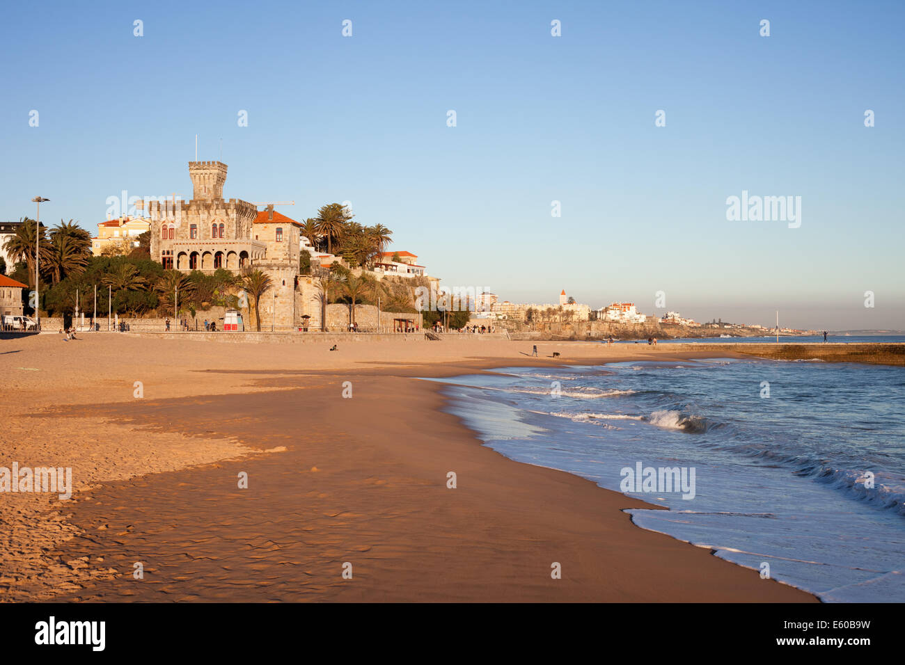 Tamariz Beach overlooked by a castle in resort town of Estoril, near Lisbon in Portugal. Stock Photo