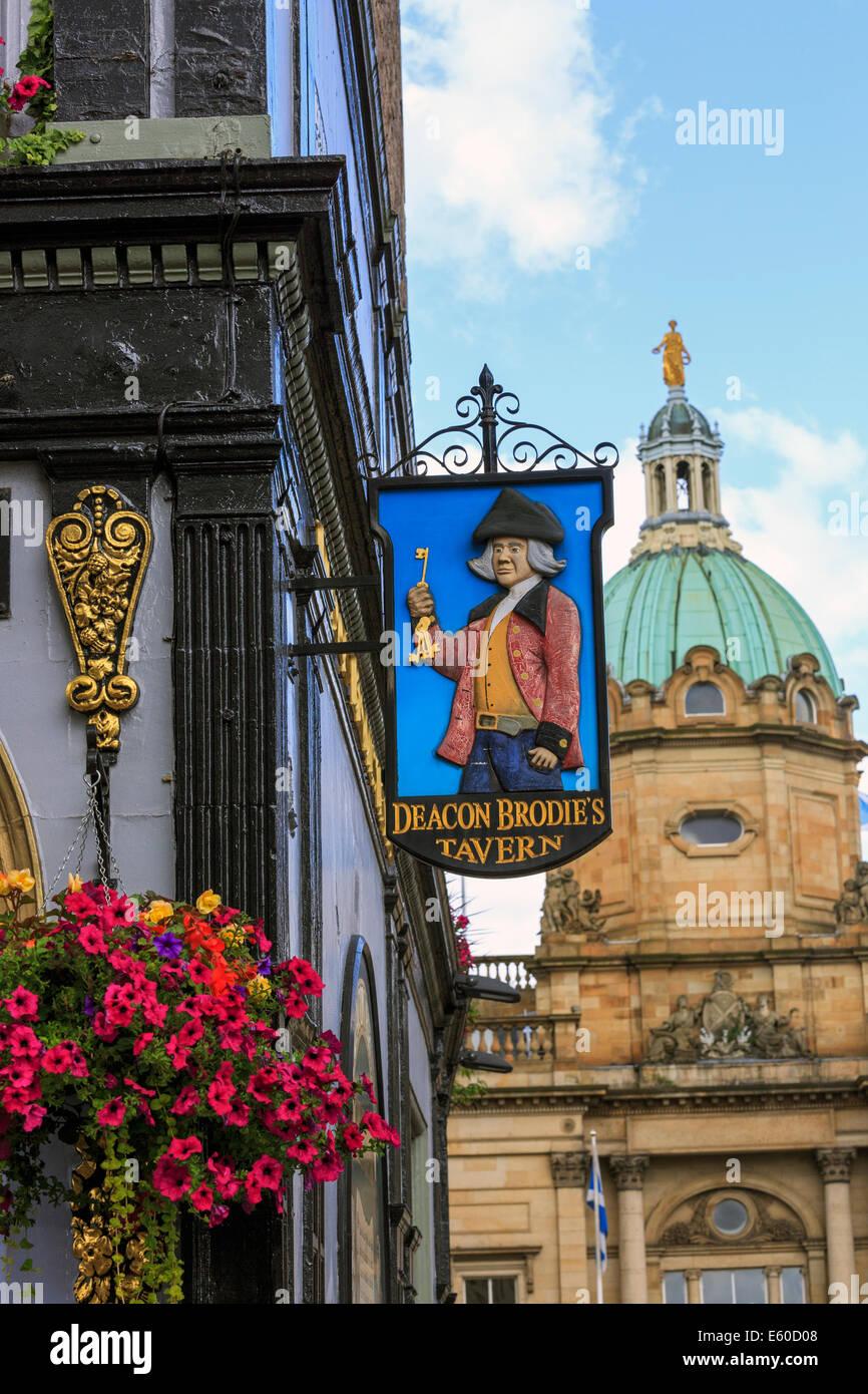 Sign for the Deacon Brodie pub, a well known bar and restaurant, High street, the Royal mile, Edinburgh Stock Photo