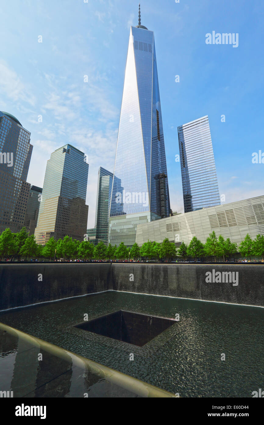 NEW YORK CITY - MAY 21: 9/11 Memorial at World Trade Center Ground Zero, MAY 21, 2014 in New York City. The Memorial honors peop Stock Photo