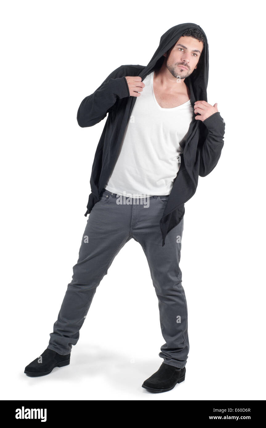 Young cute guy in the whole growth in the hood Stock Photo - Alamy, image size:863x1390