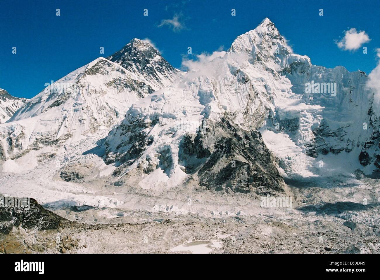 Mount Everest, the worlds highest peak at 8885 masl, as seen from the Khumbu Valley, Nepalese Himalayas Stock Photo
