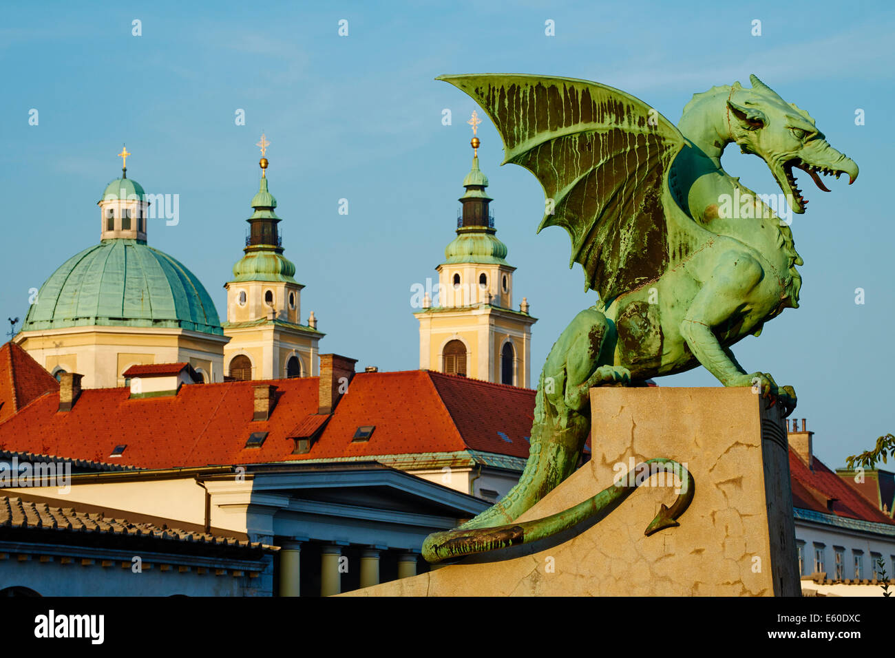 Slovenia, Ljubljana, Dragon Bridge and St Nicholas church Stock Photo