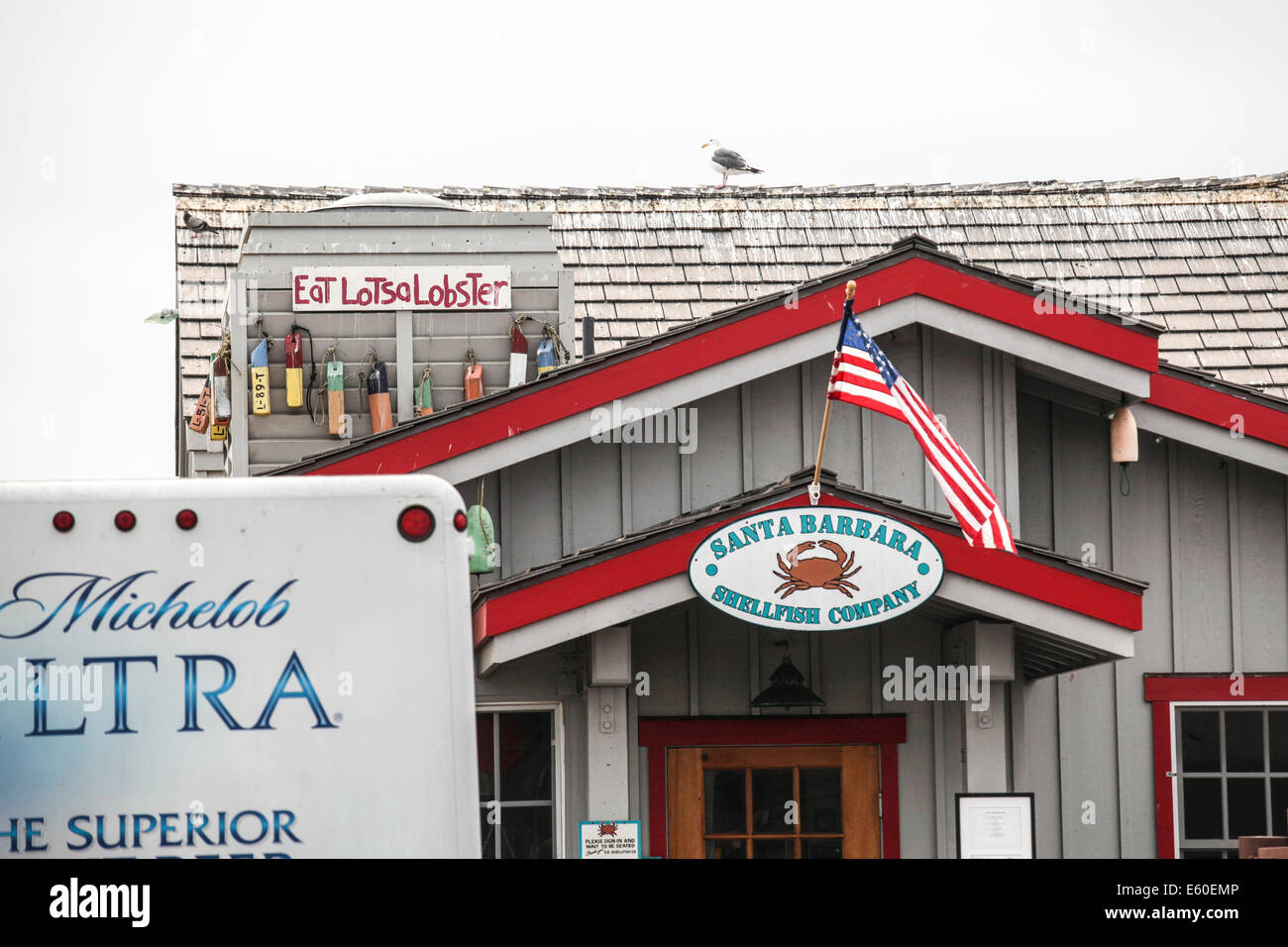 The Santa Barbara Shellfish Company fish store and restaurant on Stern's Wharf in Santa Barbara, CA, USA Stock Photo