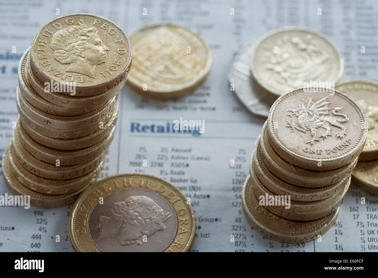 Pound coins stacked on top of a newspaper page showing share prices Stock Photo