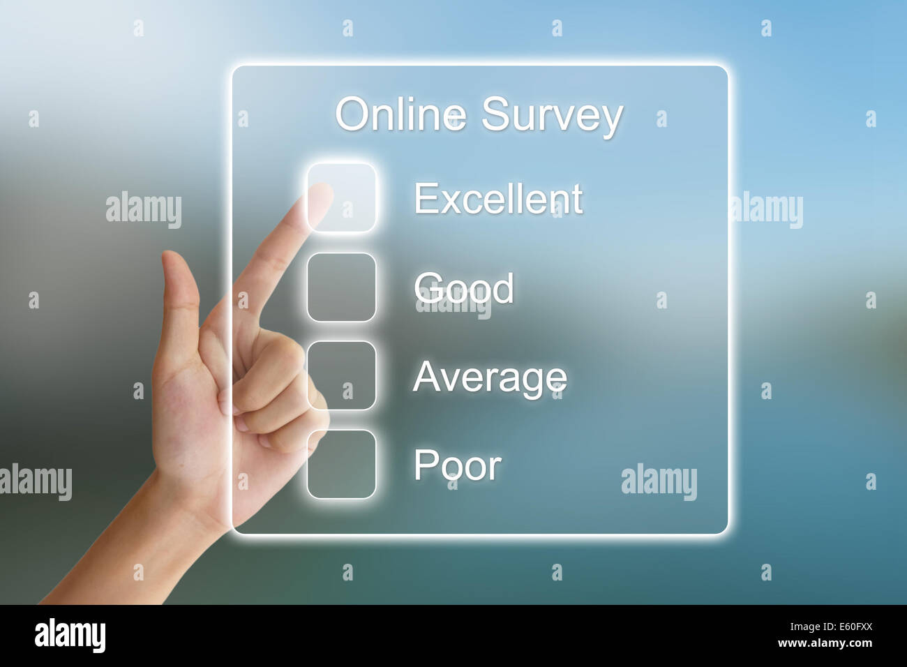 hand clicking online survey on virtual screen interface Stock Photo
