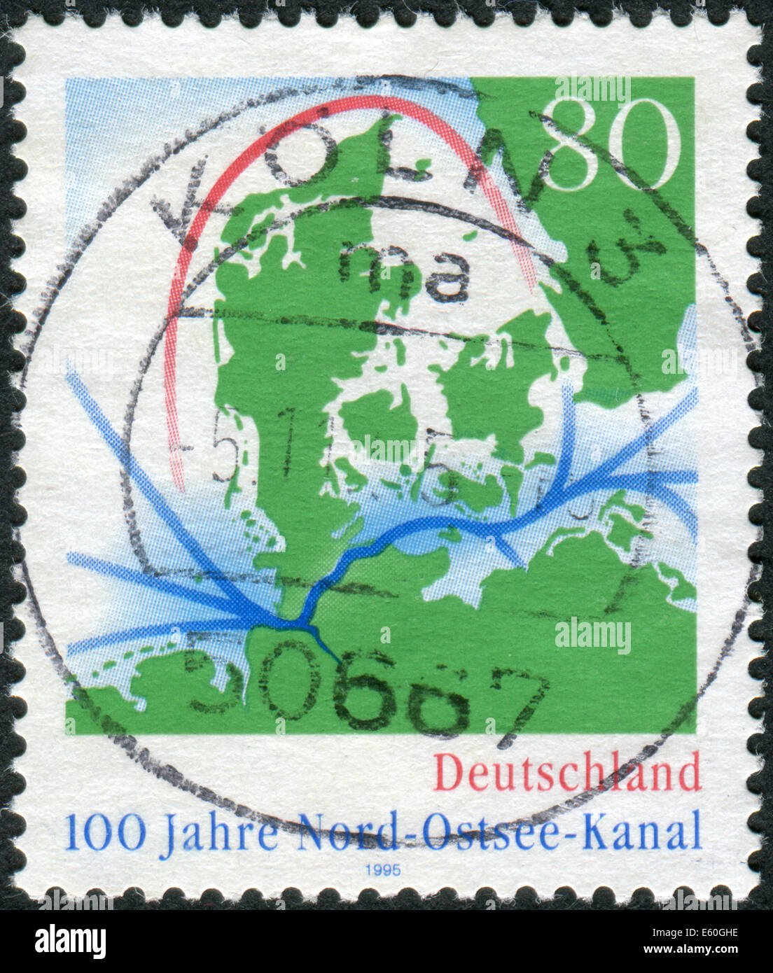 Postage stamp printed in Germany, dedicated to centenary Kiel Canal (North-to-Baltic Sea canal) Stock Photo