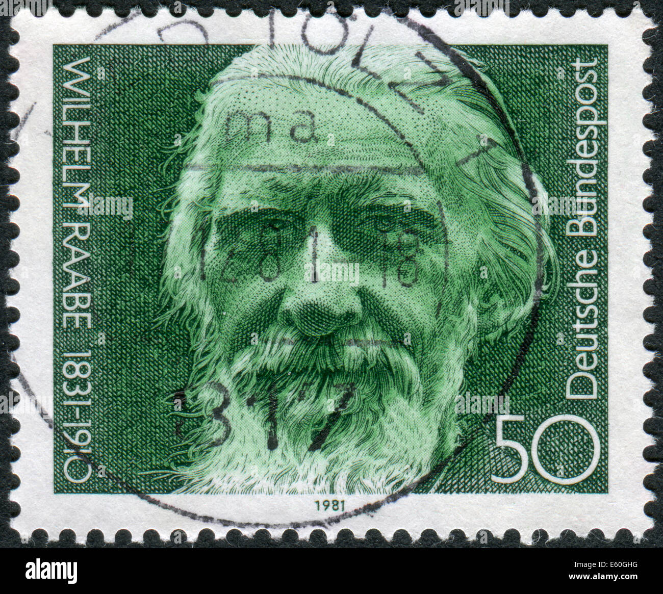 Postage stamp printed in Germany, shows the poet Wilhelm Raabe, circa 1981 Stock Photo