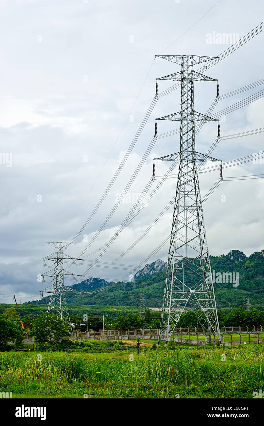 Electric Transmission Tower,Power station for making Electricity. Stock Photo