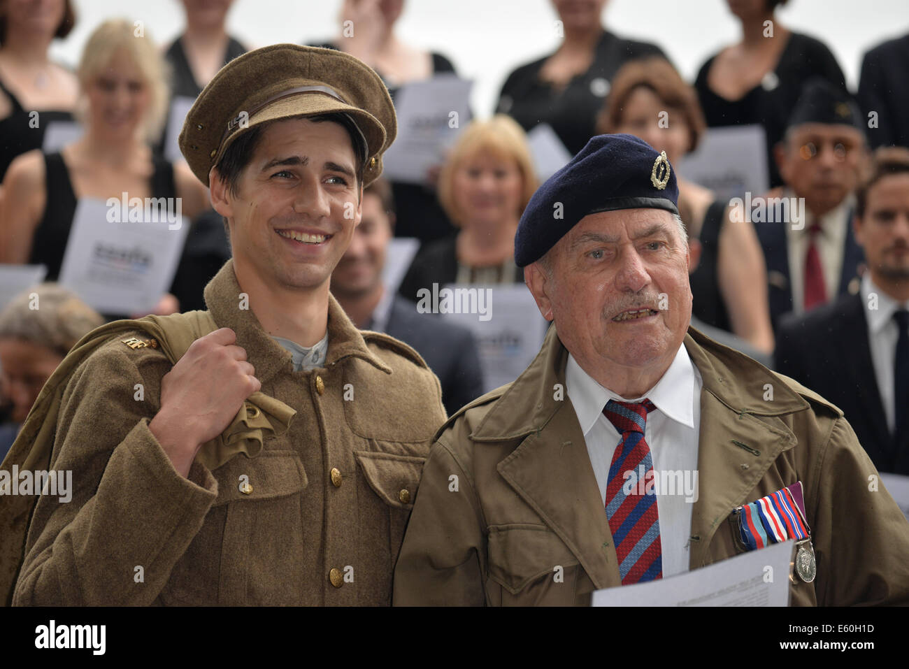 London, UK, 10th August, 2014. Jack Monoghan and Bill Aitkenhead in WW1 uniform at the 'Pack Up Their Troubles' launch for WW1 Centenary in London. Credit:  See Li/Alamy Live News Stock Photo