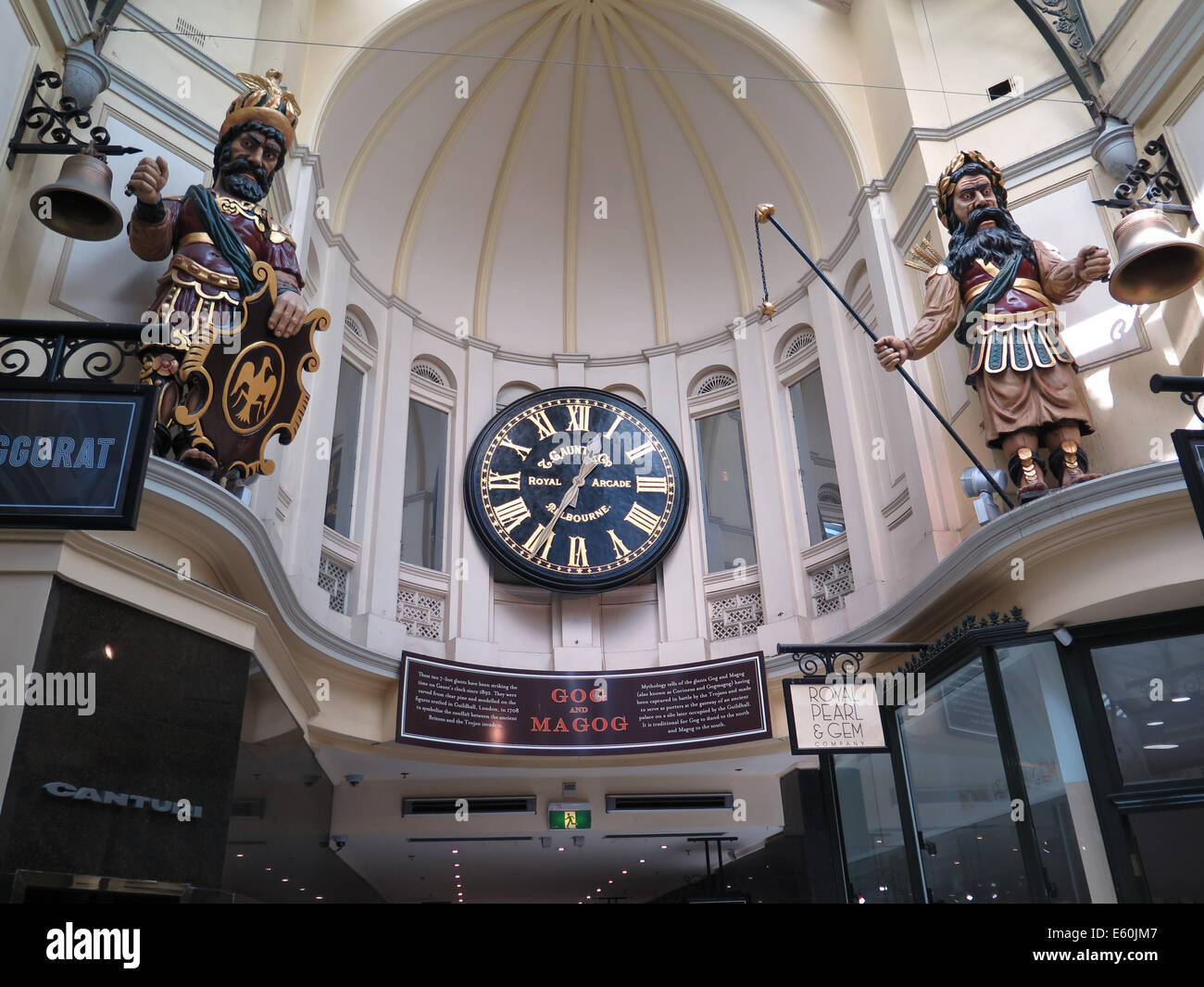 The clock and carved stone figures at The Block Arcade, Melbourne Australia  Stock Photo - Alamy