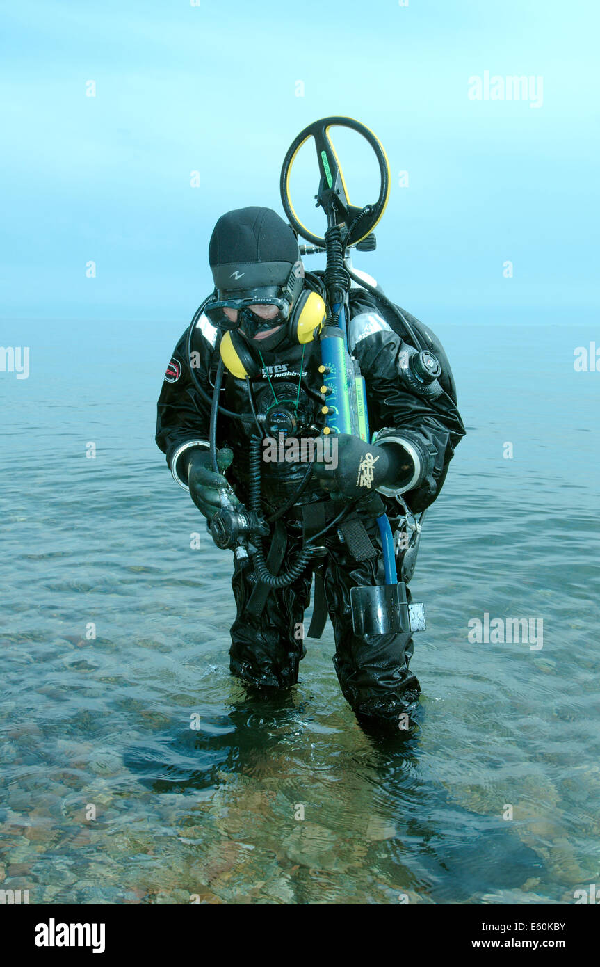 Diver with the metal detector searching for underwater treasure, lake Baikal, Siberia, Russia, Eurasia Stock Photo