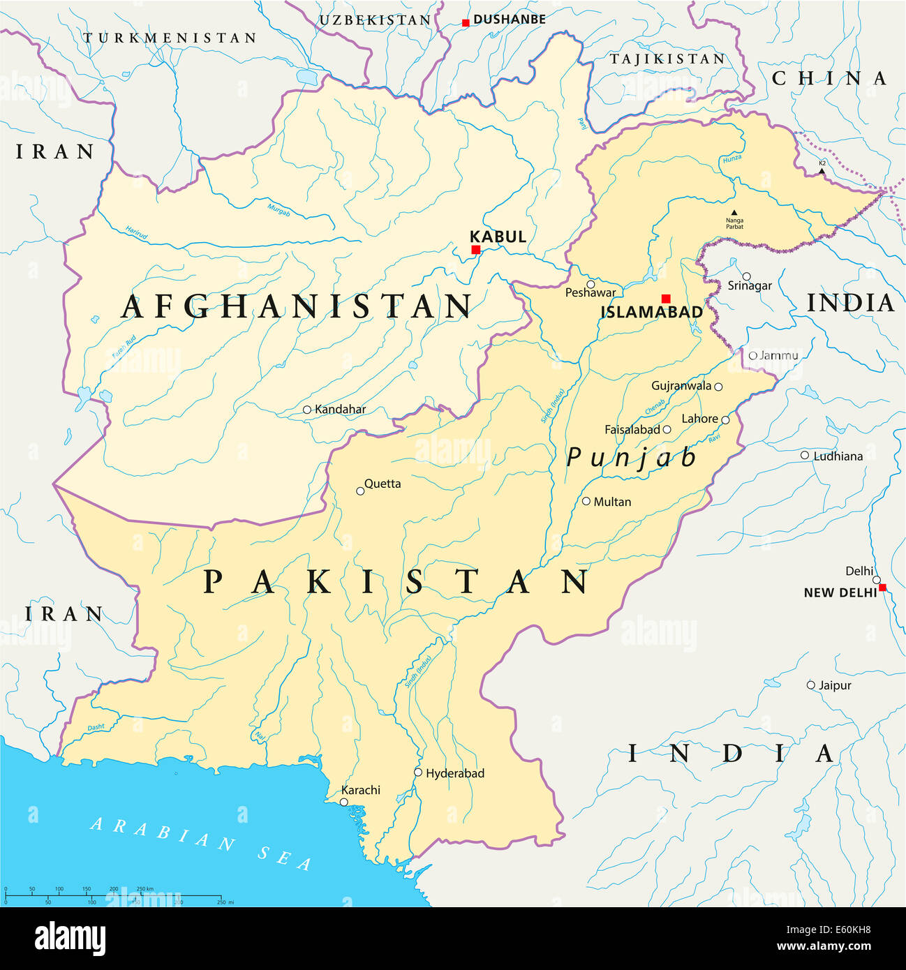Afghanistan and Pakistan Political Map Stock Photo