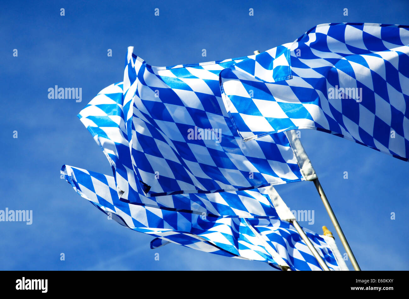 The official Flags of Bavaria waving over the Oktoberfest in Munich. Stock Photo