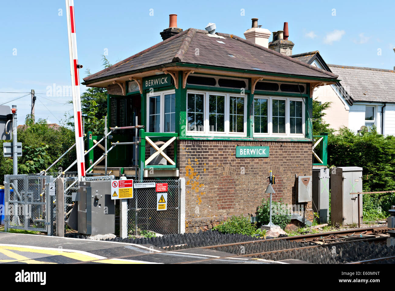 The signal box at the railway crossing at Berwick, Sussex. UK Stock Photo