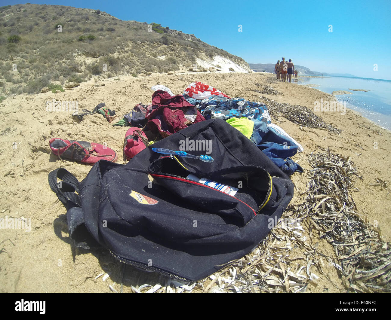 According rebuilt by the soldiers of the migrants would come on the shoreline with a boat later found on the beach of 'Funcitella' Stock Photo