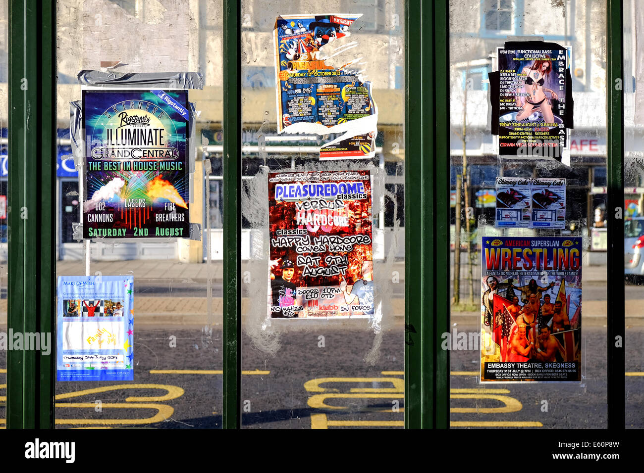 Skegness,Lincolnshire,UK.Bus Shelter With Posters . Stock Photo