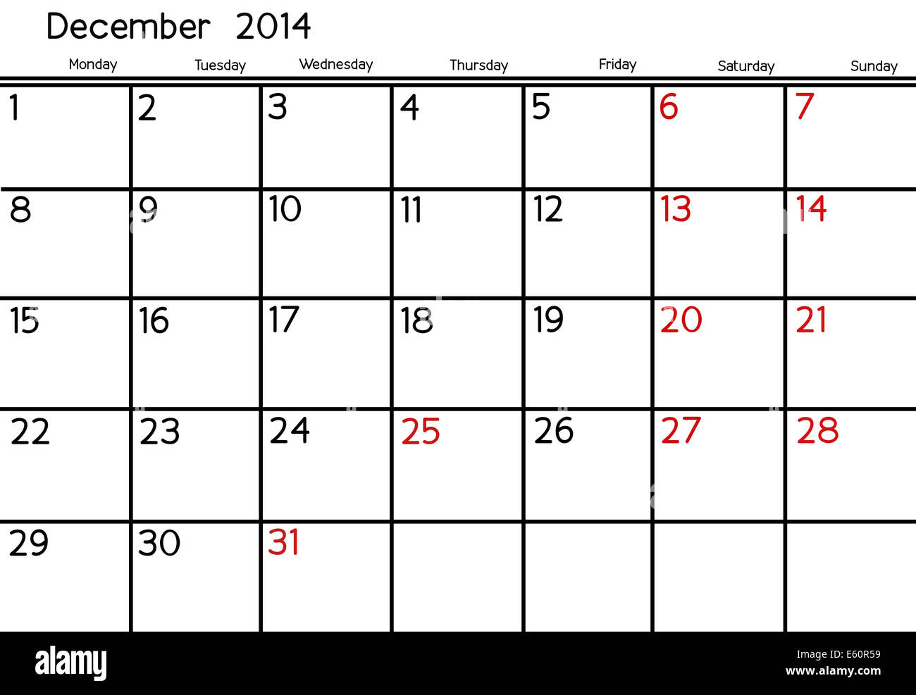 Blank Calendar of December, 2014 Stock Photo - Alamy