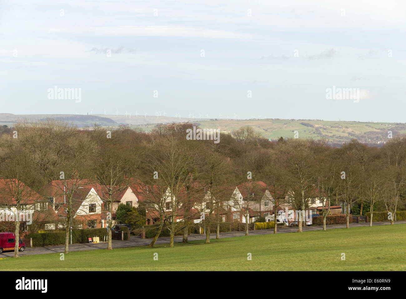 Large semidetached suburban houses on Moss Lane, Bolton, near Moss