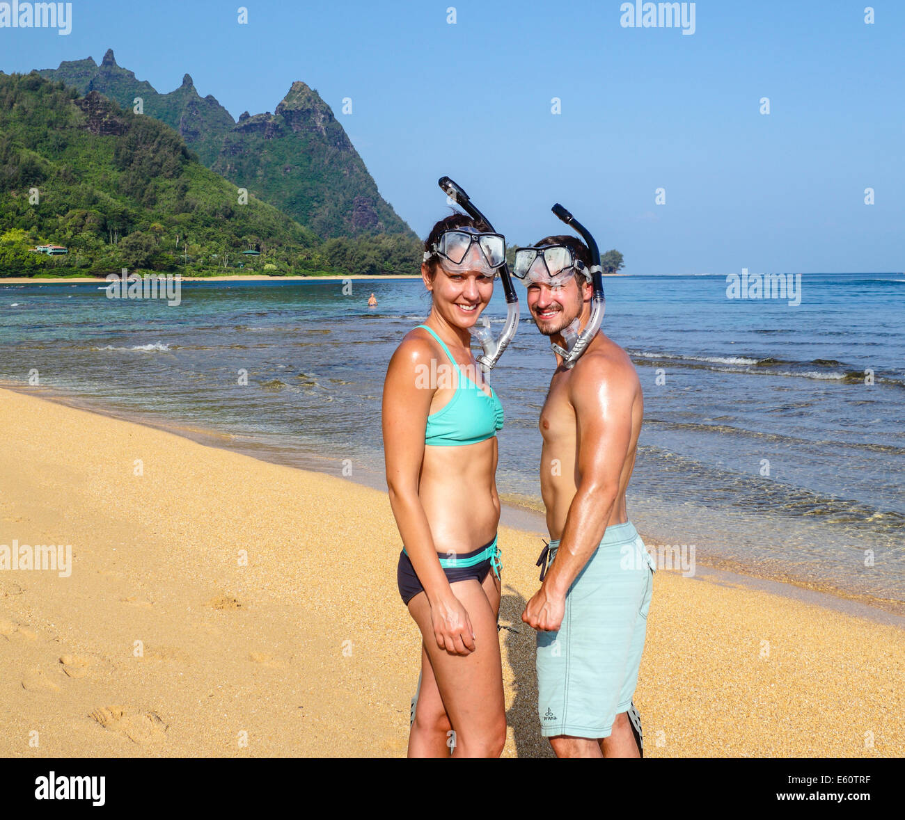 Snorkelers at Tunnels Beach on Kauai Stock Photo Alamy