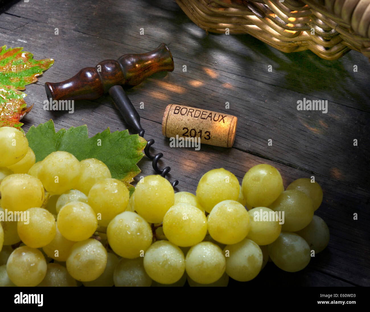 Conceptual Wine harvest cellar situation with grape pickers basket white grapes corkscrew and Bordeaux 2013 cork on wine barrel Stock Photo