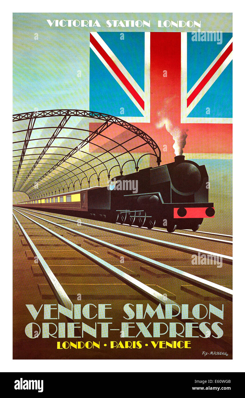 Vintage poster 1930’s for Venice Simplon steam train express from London Victoria station via Paris to Venice Stock Photo