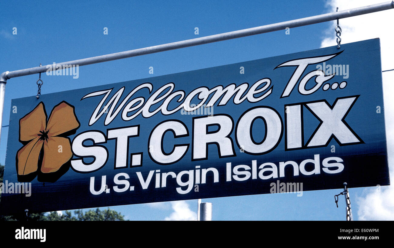 A sign in the town of Frederiksted welcomes visitors to St. Croix, largest of the three United States Virgin Islands (USVI) in the Caribbean Sea. Stock Photo