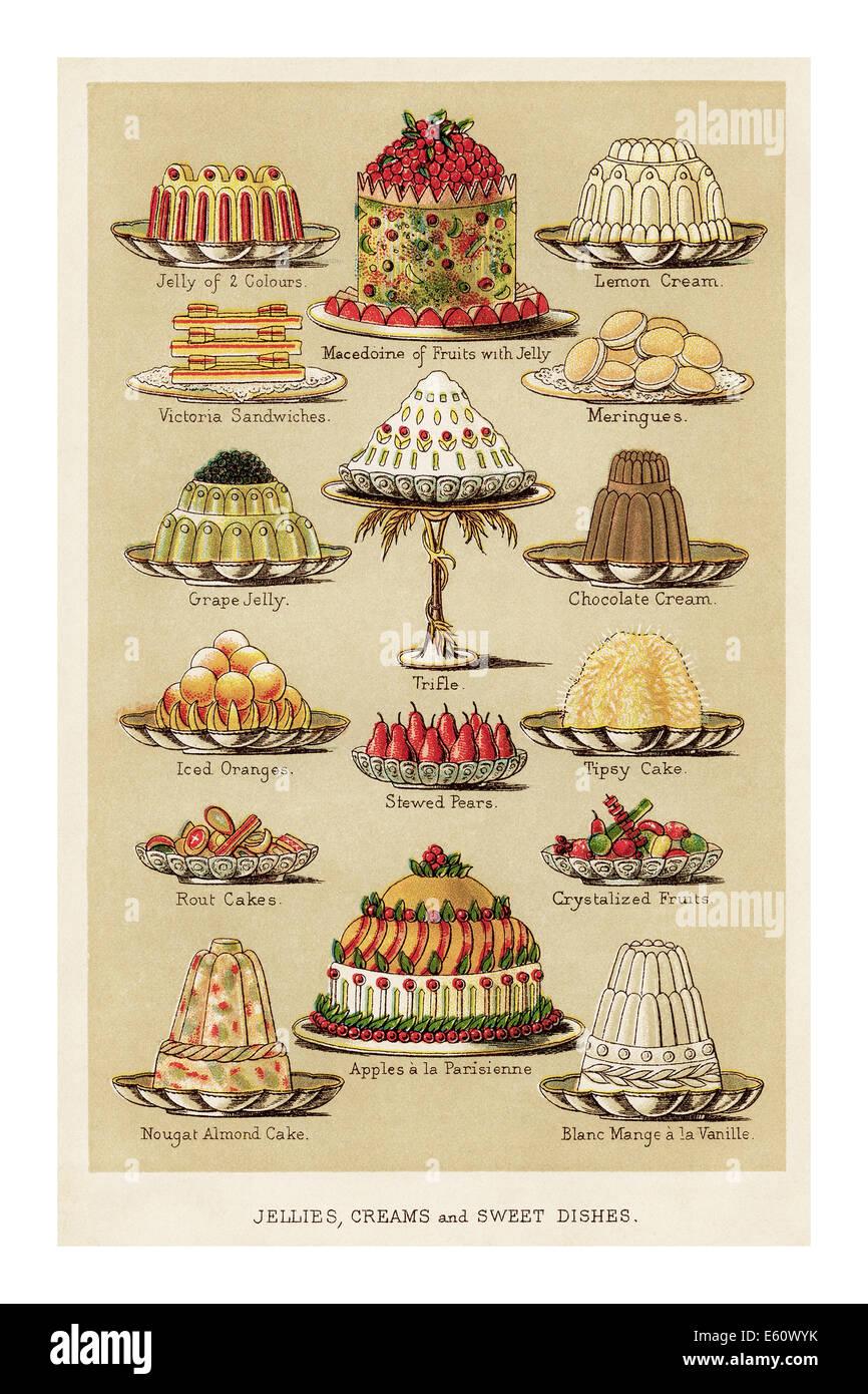 MRS BEETONS ILLUSTRATION Lithograph colour page from Mrs Beetons Cookery Book illustrating wide variety of Christmas party English Victorian Puddings Stock Photo