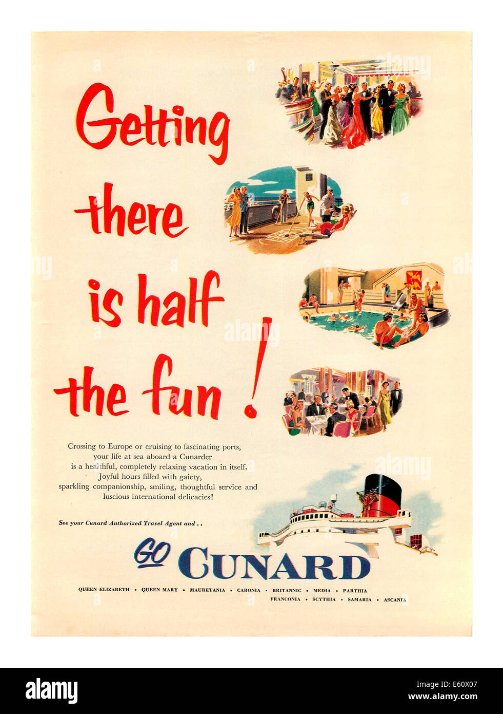 CUNARD 1950's vintage cruise ship Cunard line poster ' Getting there is half the fun' Stock Photo