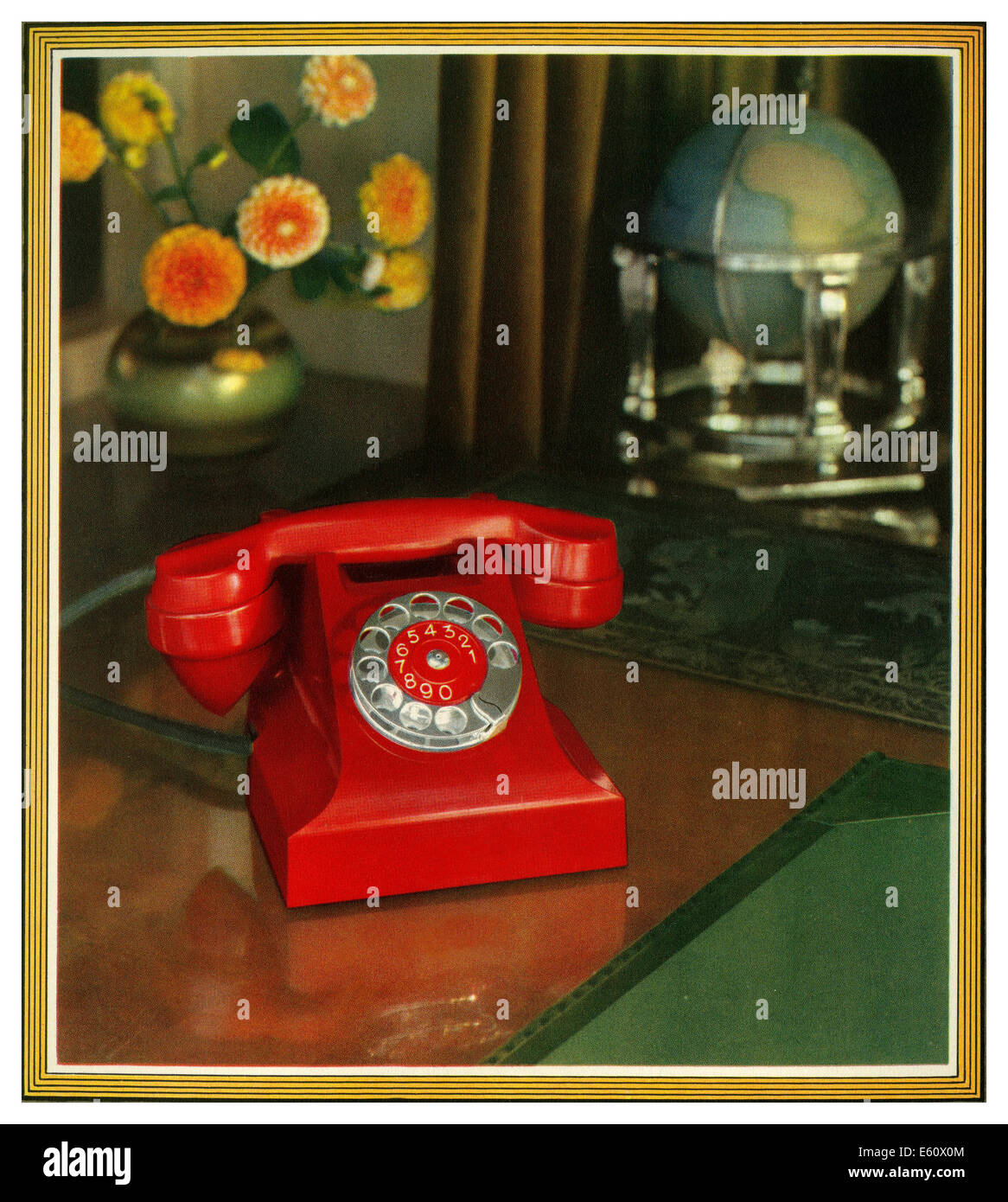 Vintage poster 1930's advertising red dial telephone in home office situation Stock Photo