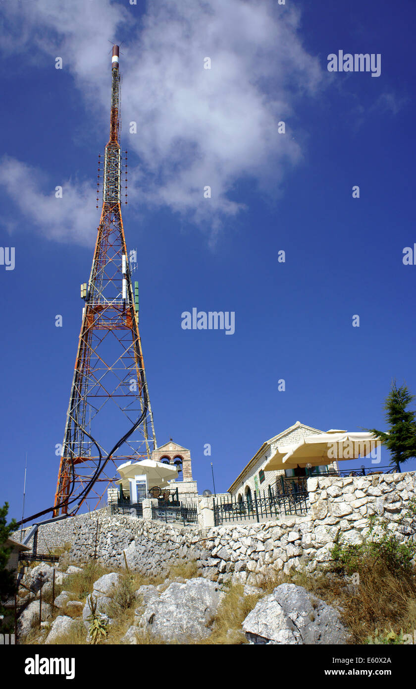 Antenna  and monastery on top of Pantokrator, Corfu island Stock Photo