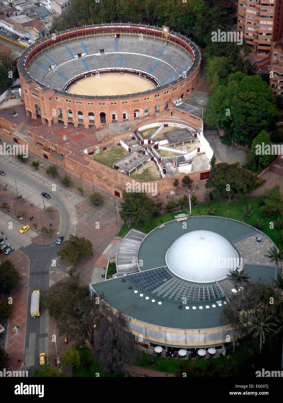 Aerial view of the Plaza de toros de Santamaría taken from the Colpatria tower in central Bogota, Colombia Stock Photo