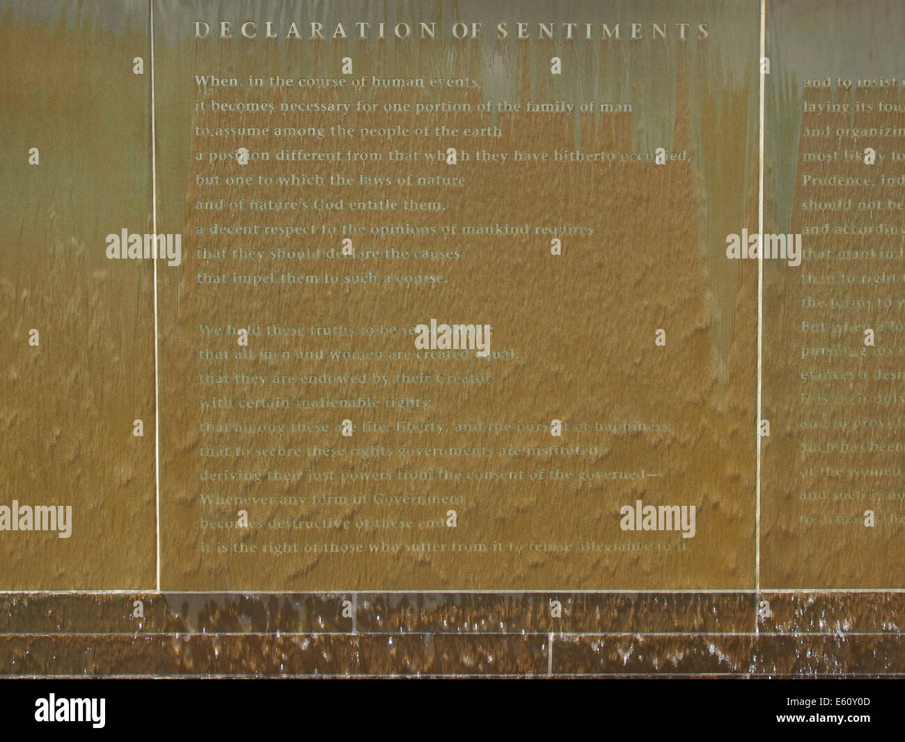 Declaration of Sentiments Waterwall in Seneca Falls, NY, USA, June 14, 2014, © Katharine Andriotis Stock Photo
