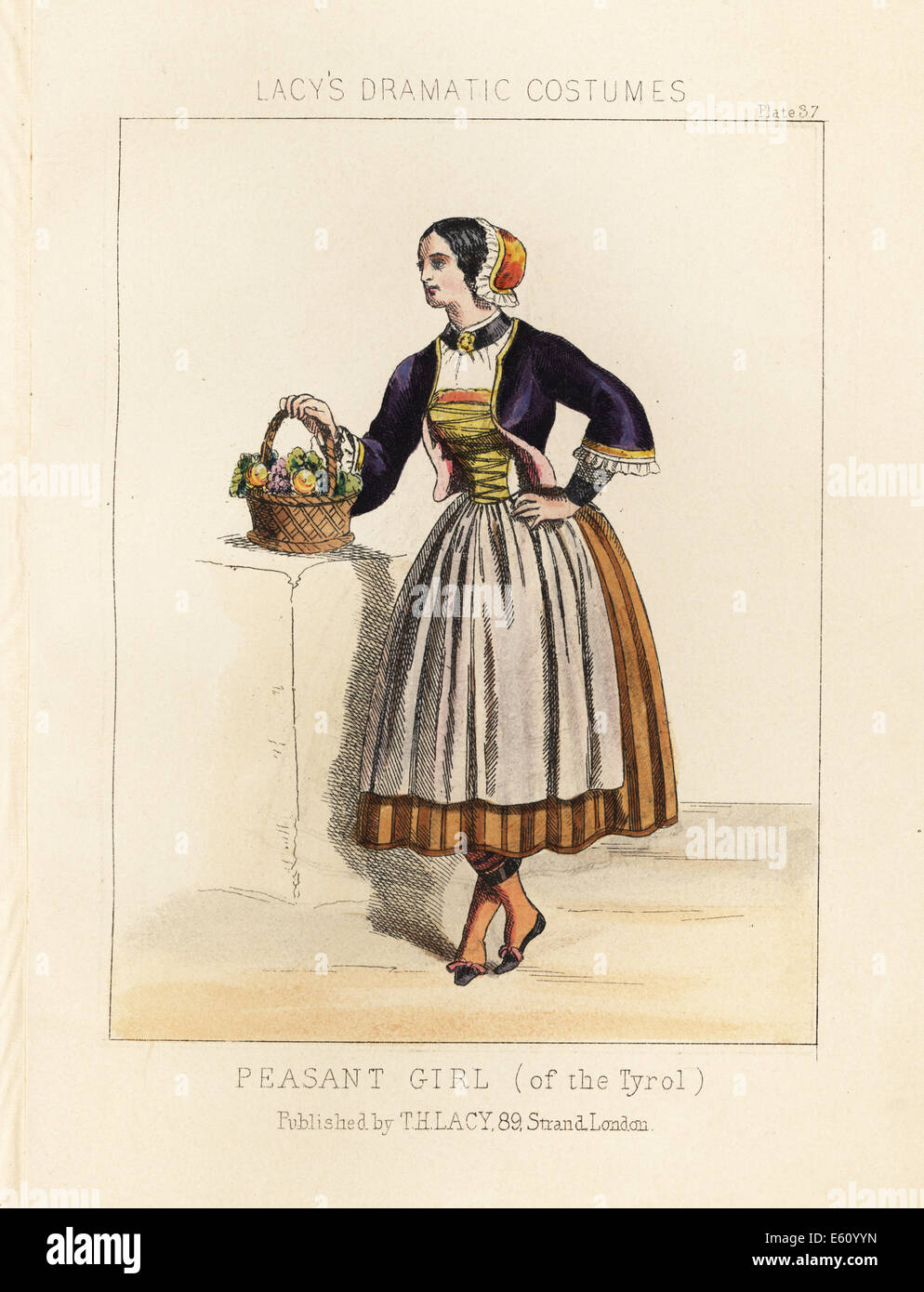 Peasant girl of the Tyrol with basket of fruit and flowers, 19th century. Stock Photo